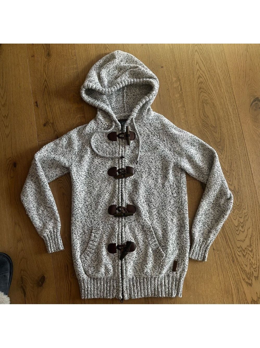 ROOTS Salt & Pepper Zip up W/ Leather & Wood Buttons Hooded Cotton Sweater,  SM